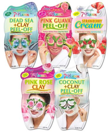 7th Heaven Moisturising Face Masks Skincare Set - 3 x Peel Off Face Masks 1 x Pink Rose Clay Face Mask and 1 x Strawberry Cream Hydrating Mask - Gift Set Ideal for Pamper Parties