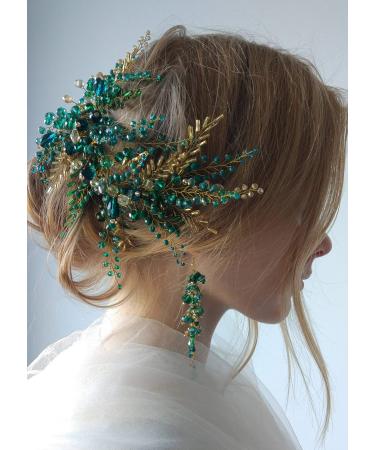 Kercisbeauty Green Beads Headpiece with Earrings Gold Headband for Brides Side Headband Hair Accessories Vintage Wedding Jewelry Handmade