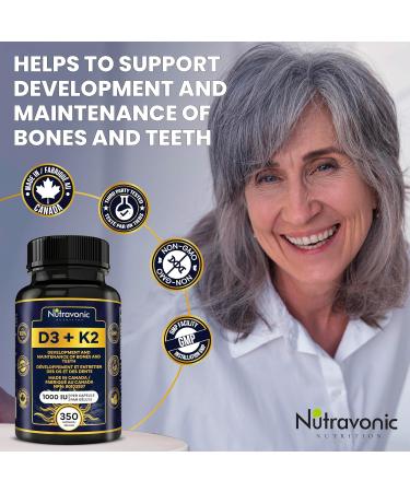 New! 350 Vegan Capsules of Vitamin D3 K2 High Potency 1000 IU D3 (25 mcg) / 120 mcg K2 (MK-7) - Year Long Supply Vitamin D - Helps Maintain Bone & Teeth Health - Formulated With MK-7 Natto Bean For Best Results - Immune System Support Vegan - Made In Cana - Buy Online on GoSupps.com