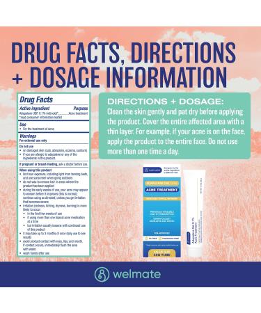 WELMATE - Adapalene Gel 0.1% - Acne Treatment - Skin Care - Daily Topical - Acne Skincare - Pimple Cream - Acne Cream - Oil & Fragrance Free - 1.6oz / 45g 1 Pack - Buy Online on GoSupps.com