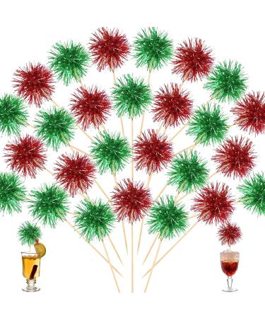 120 Pcs Christmas Firework Cupcake Toppers Green and Red Foil Frill Cake Topper Sticks Party Firework Cocktail Picks Christmas Birthday Tinsel Cupcake Toothpicks Christmas New Year Party Decorations