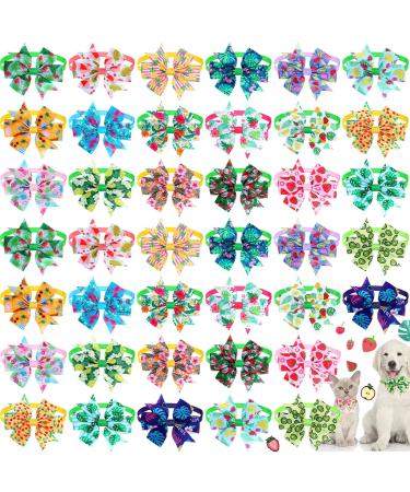 40 Pcs Summer Dog Bow Ties Collar with Plastic Buckle Elastic Cat Bow Tie with Fruit Flower Green Leaves Pattern for Small Medium Puppy Grooming Accessories