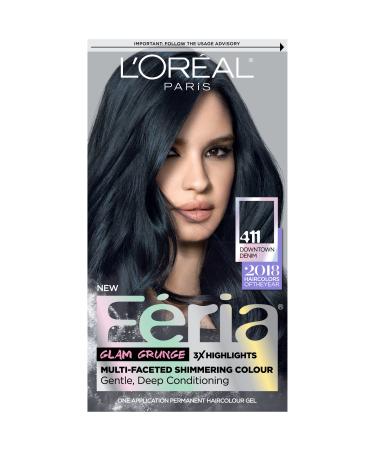 L'Oreal Paris Feria Multi-Faceted Shimmering Permanent Hair Color Kit  411 Downtown Denim 1 Count (Pack of 1) BLUES 411 Downtown Denim