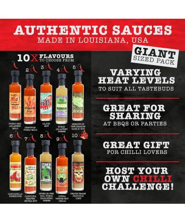 Authentic Louisiana Chilli Sauce Challenge Set - 10 Chili Sauces, Made in USA - Perfect Hot Sauce Gift Set for Men and Women - Buy Online on GoSupps.com