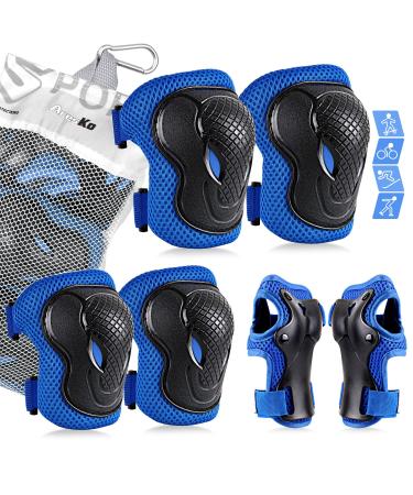 AresKo Kids/Youth Protective Gear Set, Kids Knee Pads and Elbow Pads Wrist Guard Protector 6 in 1 Protective Gear Set for Scooter, Skateboard, Bicycle, Inline Skating blue Medium(7-14Years)