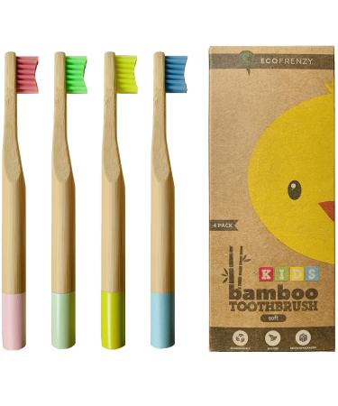 EcoFrenzy - Kids Bamboo Toothbrush - Child Size Soft BPA Free Color Safe Bristles (4 Pack)