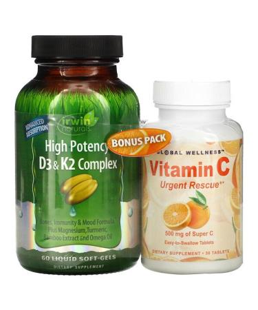 Irwin Naturals High Potency D3 & K2 Complex 60 Liquid Soft-Gels + Vitamin C 500 mg 30 Capsules