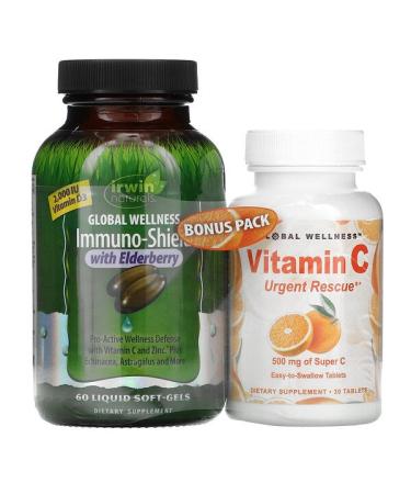 Irwin Naturals Immuno-Shield with Elderberry 60 Liquid Soft-Gels + Vitamin C 500 mg 30 Capsules