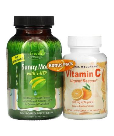 Irwin Naturals Sunny Mood with 5-HTP Plus Vitamin D3 80 Liquid Soft-Gels + Vitamin C 500 mg 30 Capsules