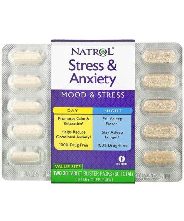 Natrol Stress & Anxiety Day & Night Two 30 Tablet Blister Packs (60 Total)