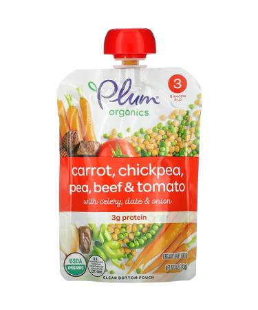 Plum Organics Organic Baby Food Stage 3 Carrot Chickpea Pea Beef & Tomato with Celery Date & Onion 4 oz (113 g)