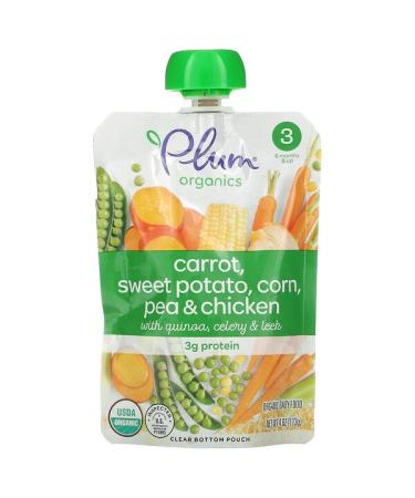 Plum Organics Organic Baby Food Stage 3 Carrot Sweet Potato Corn Pea & Chicken with Quinoa Celery & Leek 4 oz (113 g)