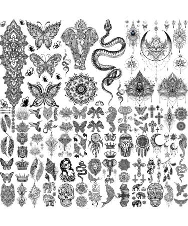 Shegazzi 58 Sheets Black Lace Temporary Tattoos For Women Girls, Large Lotus Mandala Flower Snake Elephant Butterfly Fake Tattoos Adults Kit, Indian Tribal Skull Tattoos Arm Sleeve Neck Tatoos Wedding