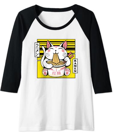 Womens Kawaii Cat Neko Eating Ramen Noodle Soup Japanese Aesthetic Raglan Baseball Tee