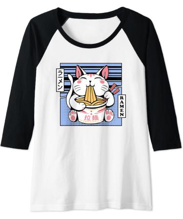 Womens Kawaii Cat Neko Eating Ramen Noodle Soup Japanese Aesthetic Raglan Baseball Tee - Buy Online on GoSupps.com