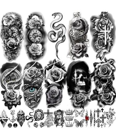VANTATY 22 Sheets Sexy Rose Flower Temporary Tattoos For Women Arm Girls Forearm, Wateproof Halloween Skeleton Snake Compass Fake Tattoo Stickers, Large Black 3D Realistic Floral Tatoos For Adults