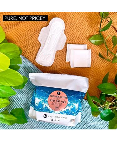 Ultra Thin Unscented Pads with Wings - Super Absorbency 42 Ct - 100% Pure Cotton - Chlorine Free Top Layer - Buy Online on GoSupps.com
