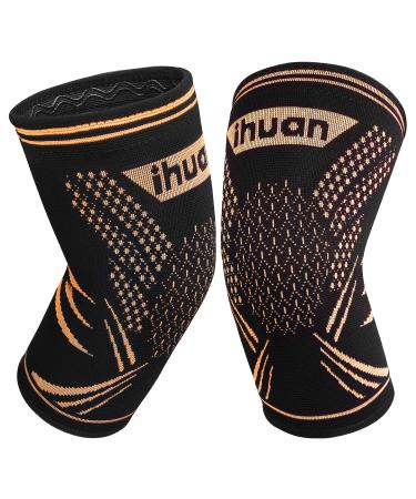ihuan 2 Pack Copper Knee Brace Compression Sleeves - Upgrade Support for Knee Pain Running Weightlifting Workout Injury Recovery Arthritis Meniscus Tears ACL Joint Pain Relif black Medium