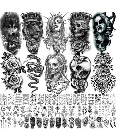 Shegazzi 62 Sheets Wolf Lion Skeleton Temporary Tattoos For Men Women Arm, 3D Realistic Tattoo Stickers For Adults Kids Neck, Black Scary Skull Halloween Vampire Fake Tatoos Snake Flower Compass