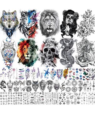 EGMBGM 53 Sheets Large Realistic Tiger Dragon Lion Owl Temporary Tattoos For Women Thigh Men Arm Adult  Half Sleeve Halloween Skull Fake Tattoo Sticker Warrior Wolf Watercolor Flower Tatoos Star Decal