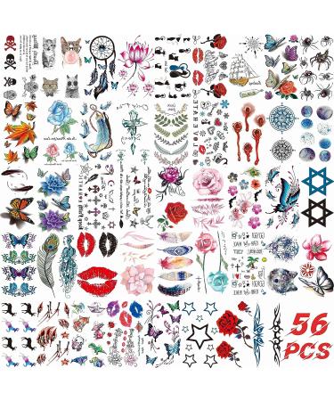 56 Colorful Rose Flowers Feather Butterfly Temporary Tattoos for Women - Sexy Floral Blossom Tattoo Sticker Kit - Buy Online on GoSupps.com