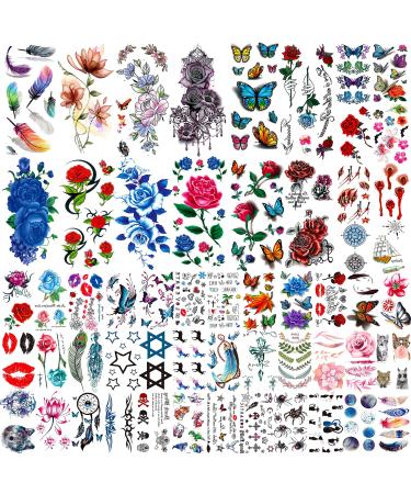 COKTAK 56 Sheets Variety Colorful Rose Flowers Temporary Tattoos For Women  Realistic Feather 3D Butterfly Fake Tattoos Temporary For Girls  Sexy Floral Blossom Branch Arm Neck Face Tatoo Sticker Kit