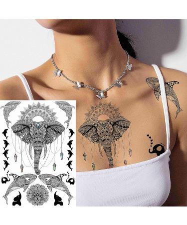 EGMBGM 28 Sheets Tribal Black Temporary Tattoos for Women - Waterproof Fake Tattoos with Owl, Elephant, Ganesha, Lace, Indian Bohemia Lotus Mandala Flower Designs - Underboob, Boobs, Moon Neck Tattoo Stickers for Adults - Buy Online on GoSupps.com