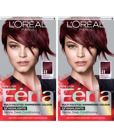 L'Oreal Paris Feria Multi-Faceted Shimmering Permanent Hair Color  41 Crushed Garnet  Pack of 2 Hair Dye 2 Count (Pack of 1) REDS 41 Crushed Garnet (Rich Mahogany)
