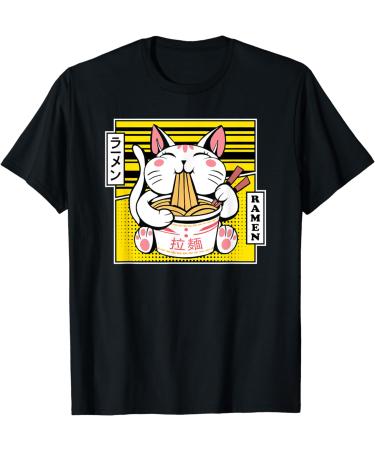 Kawaii Cat Neko Eating Ramen Noodle Soup Japanese Aesthetic T-Shirt