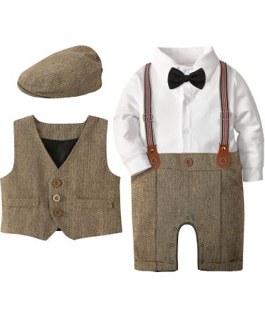 mintgreen Baby Boy Romper Suits Infant Gentleman Jumpsuit Bow Tie Waistcoat Outfits 9-12 Months Brown