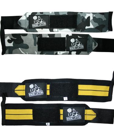 Nordic Lifting wrist bandages (2 pairs/4 bandages) 14 "For weightlifting | Crossfit | Powerlifting - for women & men - hand force & support for weight lifting gray & yellow 1 year guarantee Camo gray & black/yellow