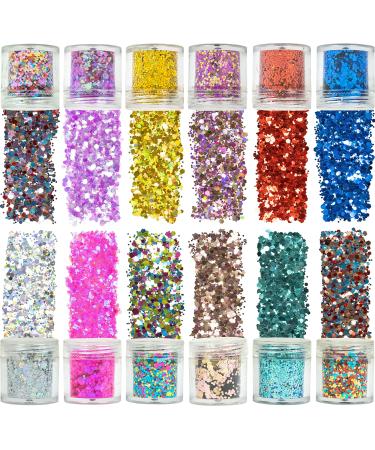 Azberg Chunky Glitter for Tumblers Pack of 12 (0.18oz Glitter Each) Holographic Glitter for Resins Body Glitter Nail Glitter Flakes Face Glitter Hair Glitter Loose Glitter for Crafts & Slime