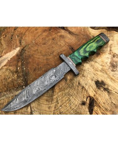 Perkin Knives Damascus Hunting Knife with Sheath - Bowie Hunting Knife (Green Wooden Handle and Damascus)