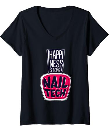 Womens Happiness Is Being A Nail Tech Beauty Parlor Nail Artist V-Neck T-Shirt