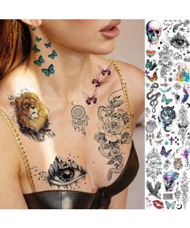 Rejaski Watercolor Animals Temporary Tattoos - 32 Sheets, 98+ PCS for Women, Men & Kids | Realistic & Long Lasting Fake Tattoos with Tiger, Lion, Skull Designs - Buy Online on GoSupps.com