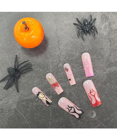Shop 24pcs Halloween Press-On Nails - Cherry Flame Heart Designs | Long Nude Acrylic Cute False Nails for Women - Stick On Artificial Nails with Glue - Perfect for Festivals - Buy Online on GoSupps.com