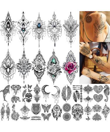 TASROI 32 Sheets Sexy Black Lotus Temporary Tattoos For Women Girls Indian Tribal Lace Tatoo Sticker Neck  Mandala Flower Butterfly Rose Tattoo Temporary Dreamcatcher Elephant Henna Tattoo Kit Adults