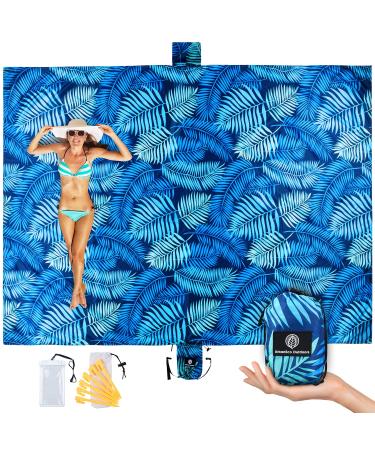 URBANECO OUTDOORS Lightweight Beach Blanket - Oversized 107" x 77" - Waterproof Sandproof - Double Anchored for Fun Leisure Beach Blanket - With Stake Pouch and Plastic Stakes - Durable Sand Beach Mat Blue