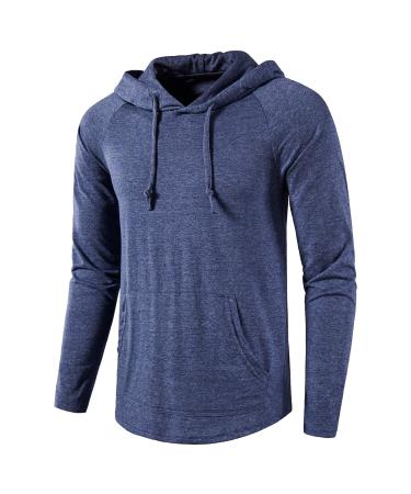 SIR7 Men's Gym Workout Active Long Sleeve Pullover Lightweight Hoodie Casual Hooded Sweatshirts Large Deep Blue