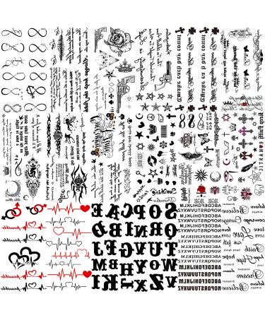 TASROI 18 Sheets Black Inspired Quotes Temporary Tattoos For Women Kids Children Long Lasting Letter Alphabet Words Fake Tattoo Stickers Birds Cross ECG infinity Moon Star Neck Arm Tatoo For Men Adult LetterQuotes