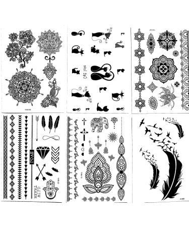 Henna Tattoo Body Paints (6 Sheets) - Temporary Tattoo Designs with Feathers, Mandala, Cats, Lotus, Bracelet, Elephant, Birds - Easy to Apply - Buy Online on GoSupps.com