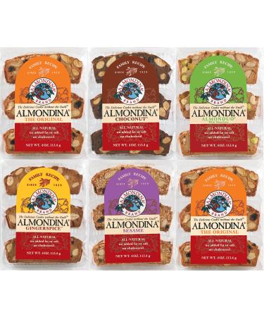 Almondina Almond Cookies, Variety Pack Flavors, Non-Dairy and Kosher Thin Cookies, Toasted with Natural Ingredients, Sweet and Crunchy Biscotti Snack, 4-Ounce Package (Pack of 6)