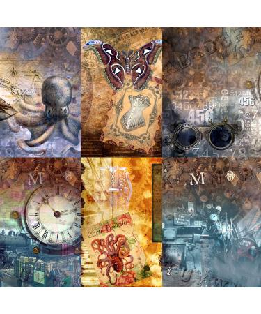 Dark Steampunk Mulberry Rice Paper, 8 x 10.5 inch - 6 x Different Printed Mulberry Paper Images 30gsm Visible Fibres for Decoupage Crafts Mixed Media Collage Art