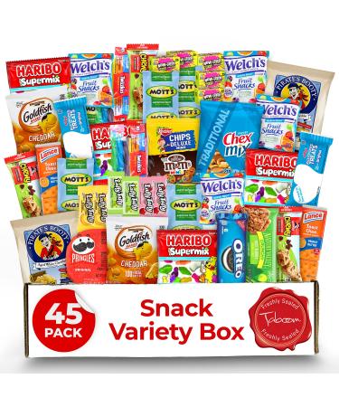 Snack Box Pack 45 Pcs Candy Variety Pack  Snack Box Variety Pack Care Package - Halloween Candy Basket Full of Delicious Sweets for Children and Adults  Candies And Snacks for All Ages. Special sealed Box For Maximum Fre