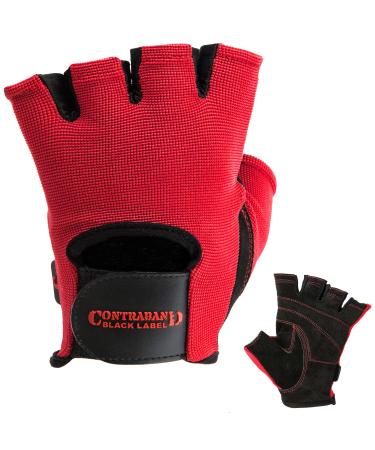 Contraband Black Label 5050 Mens Basic Leather Fingerless Weight Lifting Gloves - Durable Light - Medium Padded Split Leather Gym Gloves - Perfect Classic Lifting Gloves (Pair) Red Medium