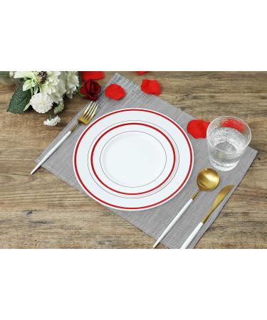  48 Pcs Plastic Plates Red Rim Disposable Set Combo 24 x 10.25 and 24 x 7.5 for Main Course Salad Appetizer Dessert Fruits Disposable Perfect for Dinner Party Holiday Events Picnics and BBQ - Buy Online on GoSupps.com