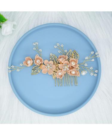 Wedding Hair Accessories Fanvoes Hair Pieces Comb for Bride Bridal - Gold Headpiece Barrette w/Handmade Pink Flower Ivory Pearl Rhinestone - Buy Online on GoSupps.com