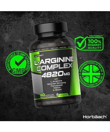 High Strength L-Arginine 4820mg Complex with Ginseng, Fenugreek, Niacin & Biotin - 60 Vegan Capsules by Horbaach - Buy Online on GoSupps.com