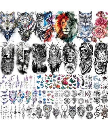 VANTATY 54 Sheets Large Watercolor Lion Wolf Tiger Owl Flower Temporary Tattoos For Women Adults Thigh  3D Long Lasting Temp Tattoo Sticker For Men Arm Chest  Fake Tattoos That Look Real And Last Long TribalWolfLIonTiger...