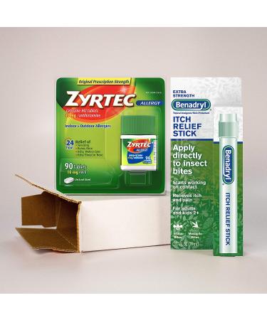 Zyrtec 24 Hour Allergy Relief Tablets & Benadryl Itch Relief Stick Bundle Pack | 90 ct Cetirizine HCl & Extra Strength Diphenhydramine with Zinc Acetate - Buy Online on GoSupps.com